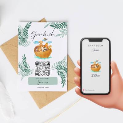 Geldgeschenk zur Taufe | Personalisiert | Digitale Spardose | QrCode Taufkarte | Arche Noah