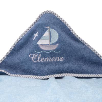 Kapuzenhandtuch mit Namen, Motiv Segelboot, Babyhandtuch personalisiert, Badehandtuch mit Kapuze