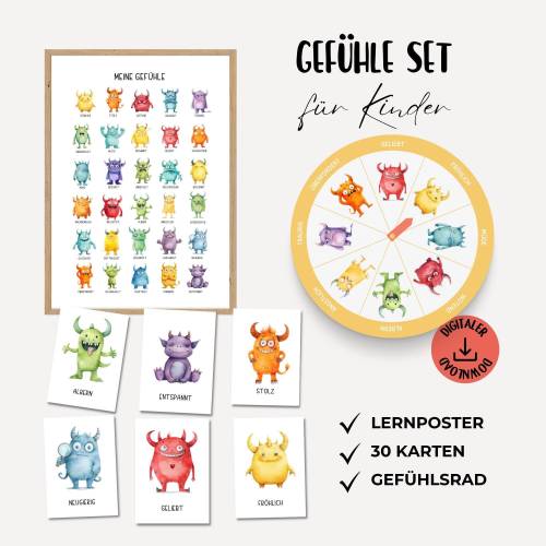 Gefühlskarten Kinder, Gefühle Kinder, Montessori Lernmaterial, Gefühle Set, Gefühlsrad für Kinder, Lernposter Gefühle, d