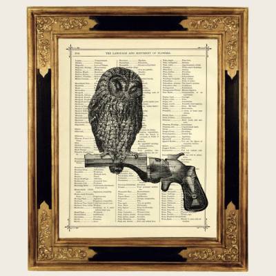 Eule Revolver Kunstdruck Ast Baum Frieden Gothic Halloween - Steampunk Druck auf antiker viktorianischer Buchseite