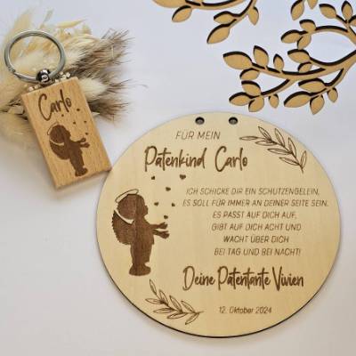 Personalisierter Taufbrief Schutzengel Holz Gravur, Patenbrief mit Namen Patenkind, Schlüsselanhänger Schutzengel