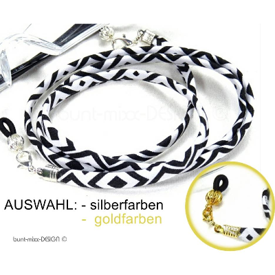 Brillenkette Brillenband ethno schwarz weiß Wickelarmband Baumwolle Stoffband, silberfarben, goldfarben