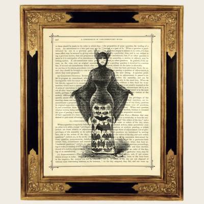 Vampir Lady Kunstdruck Dame Fledermaus Kostüm Gothic Halloween - Steampunk Druck antiker viktorianischer Buchseite