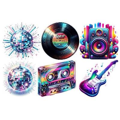 Bügelbilder Bügelmotiv Disco Retro Party 80er 80s Gitarre Schallplatte Junge Mädchen Höhe 20cm