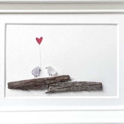 Seeglas Bild Liebe Vögel auf Ast mit Herz gerahmtes Unikat handgefertigt Meerglas und Holz romantisches Geschenk für Ver