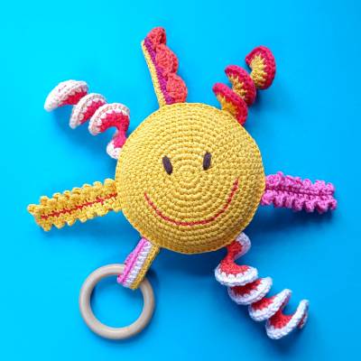 Sonne Schmusetuch Fummeltuch mit Beißring aus Baumwolle gehäkelt