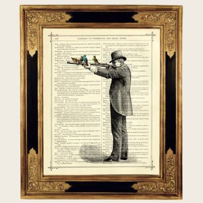 Jäger Mann Kunstdruck Gewehr Vögel Frieden Freundschaft - Steampunk Druck auf antiker viktorianischer Buchseite