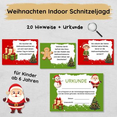 Weihnachten Indoor Schnitzeljagd mit 20 Hinweisen & Urkunde, Schatzsuche für Kinder ab 6 Jahren