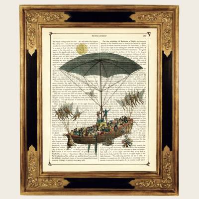 Heißluftballon Luftschiff Kunstdruck Segelschiff Regenschirm - Steampunk Druck auf antiker viktorianischer Buchseite