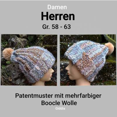 Damen/Herren Mütze aus Bouclé Wolle, Patentmuster, Gr. L/XL.