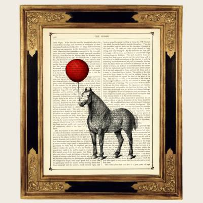 Pferd Ponny Kunstdruck roter Luftballon Bauernhof Geburtstag - Steampunk Poster auf antiker viktorianischer Buchseite