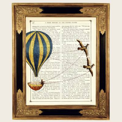 Steampunk Heißluftballon Flugschiff Druck Vögel Poster - Kunstdruck auf viktorianische Buchseite Poster
