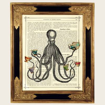 Oktopus Kraken Kunstdruck Teeparty Teetassen Küche Poster - Steampunk Grafik auf antiker viktorianischer Buchseite