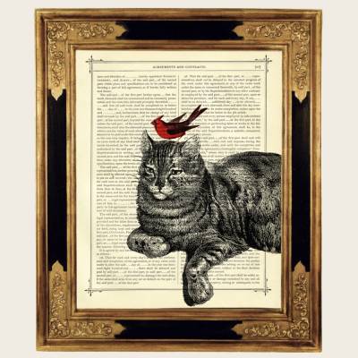Katze und roter Vogel Kunstdruck Freunde Freundschaft Poster - Steampunk Druck auf antiker viktorianischer Buchseite