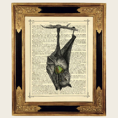 Vampir Halloween Fledermaus Gothic Bild Dark Academia - Kunstdruck auf antiker viktorianischer Buchseite Poster