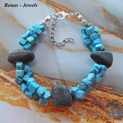 Zweireihiges Edelsteinarmband Türkis Lava blau schwarz silberfarben – handgefertigtes Schmuckstück