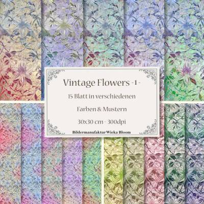 VINTAGE-FLOWERS 1, abstrakte Blumenmuster im Vintage Landhausstil, 15 Blatt  digitales Papier zum download und drucken