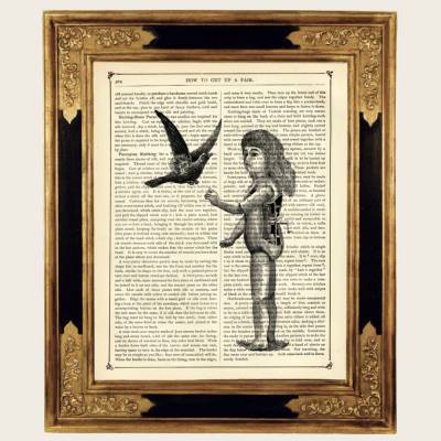 Mädchen Puppe Roboter Vogel Rabe Krähe Gothic Kunstdruck - Steampunk Druck auf antiker viktorianischer Buchseite