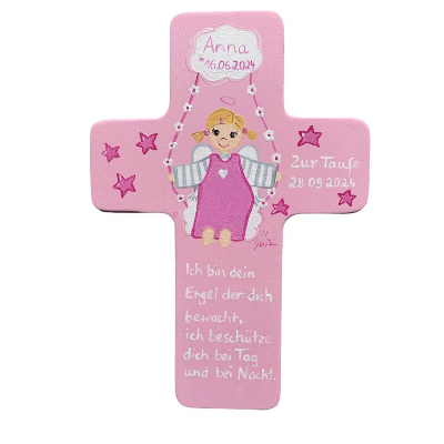Personalisiertes Schutzengelkreuz Mädchen – Handbemaltes Taufkreuz aus Holz Geschenk zur Taufe & Geburt