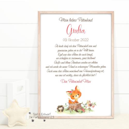 Geschenk Patenbrief personalisiert Taufe, Taufbrief Taufgeschenk Patenkind Fuchs, Patenurkunde Patentante Patenonkel