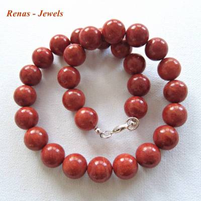 Edelsteinkette Schaumkoralle 14 mm Perlen & 925 Silber – Rote Koralle Collier