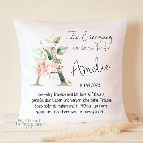 Taufgeschenk Kissen, Taufkissen personalisiert Monogramm, Namenskissen Geschenk Taufe Rose Eukalyptus