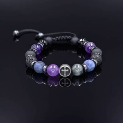 Herren Kreuz Armband aus Edelsteinen Amethyst Sodalith Falkenauge Lava Onyx Achat Hämatit, Makramee Armband