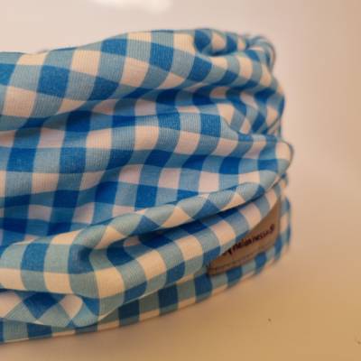 Beanie-Loop - gleichzeitig Mütze und Loop - für Damen, aus Jersey (Bio) in hellblau-weiß KARO, von he-ART by helen hesse