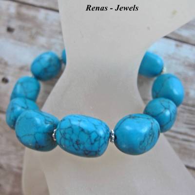Edelsteinarmband Türkis blau silberfarben rechteckig abgerundet – Elegantes Armband aus echten Edelsteinen