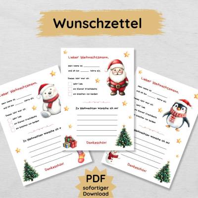 Wunschzettel zu Weihnachten für Kinder zum Ausdrucken in 3 Varianten, Brief an den Weihnachtsmann