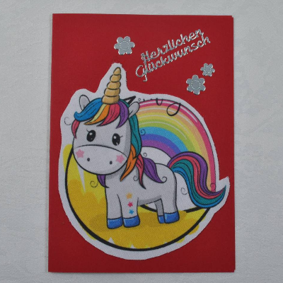 Glückwunschkarte mit Einhorn-Motiv, rot-Regenbogen