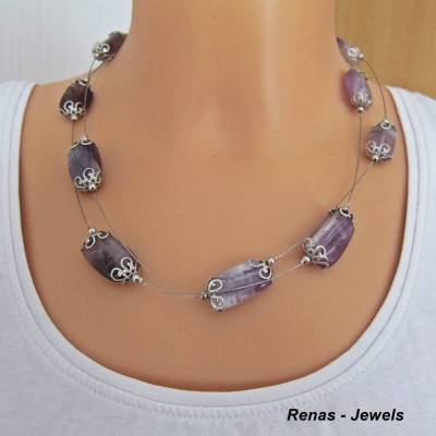 Zweireihige Amethyst Edelstein Kette lila weiß silberfarben oval Collier Perlen