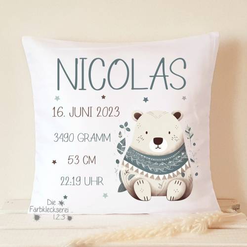 Namenskissen personalisiert Bär, Geschenk Geburt Baby, Kissen mit Namen Bär Löwe