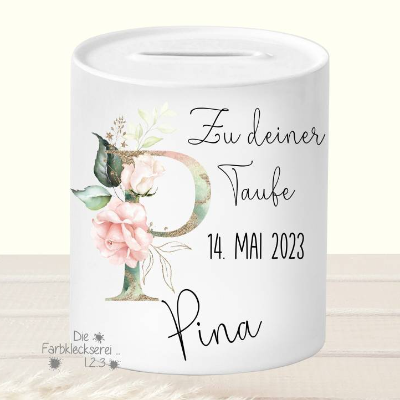 Geschenk Taufe Spardose mit Namen personalisiert Monogramm Eukalyptus Rosen