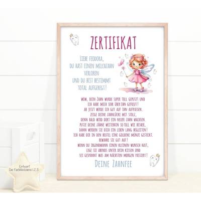 Zertitikat Zahnfee personalisiert, Post von der Zahnfee mit Namen, Urkunde Zahnfee rosa, Brief von der Zahnfee blau