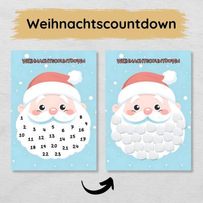Weihnachtscountdown Adventskalender für Kinder zum Ausdrucken, Weihnachtsmann Bart bekleben DIY