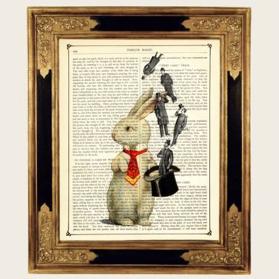 Hase Kaninchen Kunstdruck Männer Zylinder Hut Zauberer - Steampunk Bild auf antiker viktorianischer Buchseite