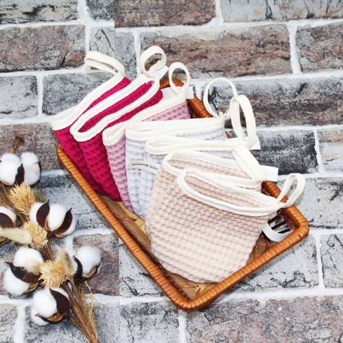 Waschhandschuh für Gesichtsreinigung Peeling Waffelpique Baumwolle altrosa schrägband spa