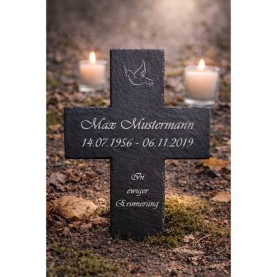 Schieferkreuz 30x20cm personalisiert mit Wunschgravur/Gedenkkreuz/Gedenktafel/Grabschmuck/Urnengrab/Baumgrab/Grabkreuz