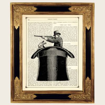 Hase Mann Gewehr Zylinder Hut Zauberer Magier - Steampunk Kunstdruck auf antiker viktorianischer Buchseite