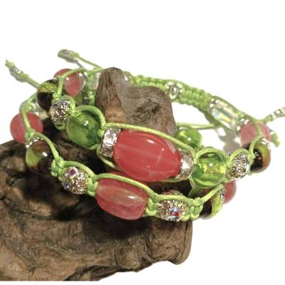 Edelstein Armband Set grün rosa funkelnd handgemacht Erdbeerquarz Geschenk Partnerarmband