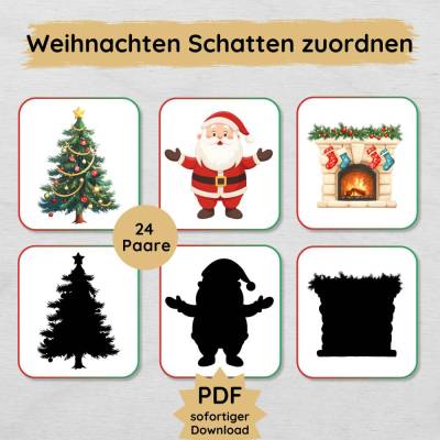 Weihnachten Schatten Zuordnungsspiel für Kinder zum Ausdrucken, Weihnachtsmotive zuordnen Spiel