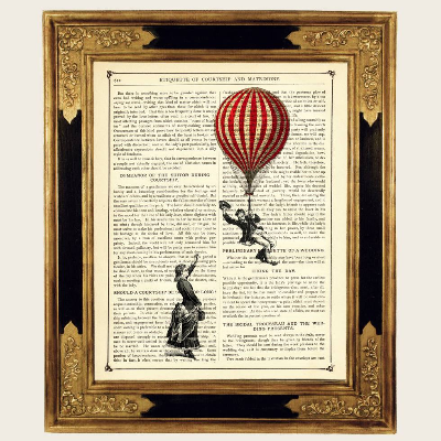 Liebespaar Ballon Mann Frau Valentinstag Verlobung Hochzeit - Steampunk Kunstdruck auf antiker viktorianischer Buchseite