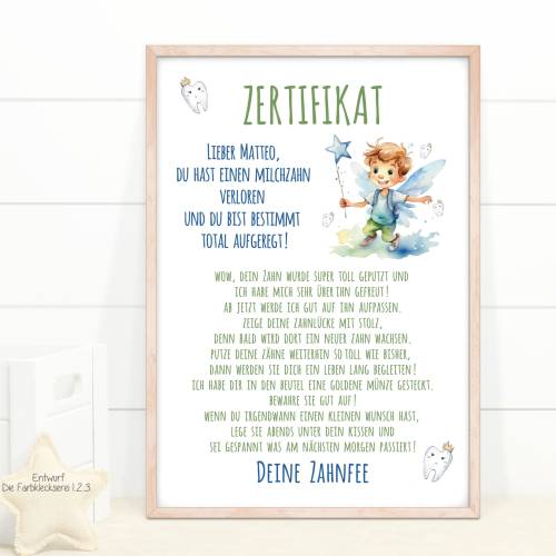 Zahnfee Urkunde mit Namen, Post von der Zahnfee, Erinnerung ausgefallener Zahn, Zertifikat Zahnfee blau grün