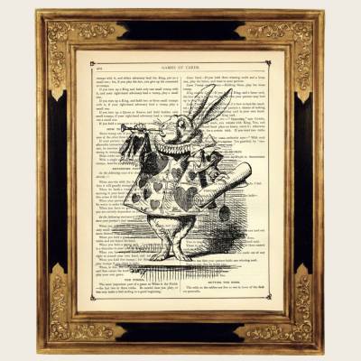 Alice im Wunderland Kunstdruck weißes Kaninchen Trompete -  Steampunk Druck auf antiker viktorianischer Buchseite