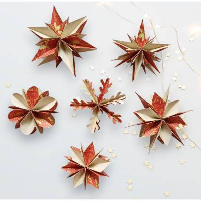 6 verschiedene Papiersterne 3D, Weihnachtswünsche rot/creme, Weihnachten Advent Sterne Schneeflocken