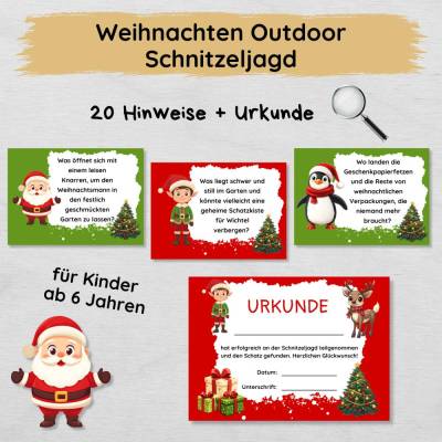 Weihnachten Outdoor Schnitzeljagd für den Garten mit 20 Hinweisen & Urkunde, Schatzsuche für Kinder ab 6 Jahren