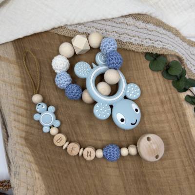 Set Schildkröte blau Junge Mädchen Schnullerkette Greifring Baby