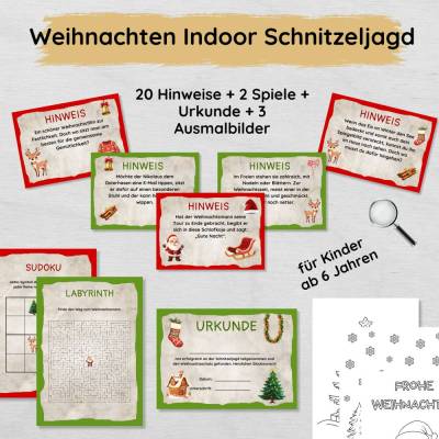Weihnachten Indoor Schnitzeljagd Set für Kinder ab 6 Jahren mit 20 Hinweisen, Urkunde, Spielen & Ausmalbildern