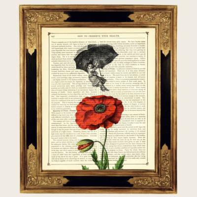 Mädchen Kunstdruck Blumen Regenschirm Parasol Bild Poster - Cottagecore Druck auf antiker viktorianischer Buchseite